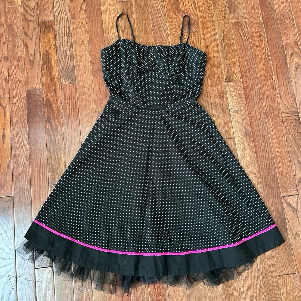 Ruby Rox Black White Cotton Polka Dot Tulle Pink Trim Fit & Flare Cocktail Dress